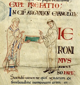 inicialka H: Hieronim predaja svoje spise papežu Damazu, Citeaux, ok. 1110.